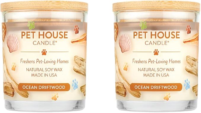 Pet House Candles, Clean Long-Burning, Scented Pet Friendly Candles, Plant-Based, 60 Hour Burn Time - Ocean Driftwood, 9 oz, 2 Pack