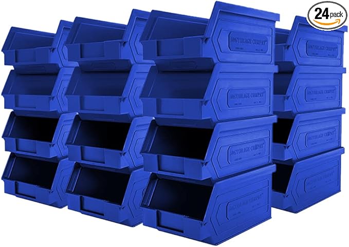24 Pack Small Storage Bin, Wall Mount Storage, Hanging and Stacking Bin, Freestanding | 7” x 4” x 3” Plastic Container | Blue | Zeus 1PLZ04 | StorageCompat
