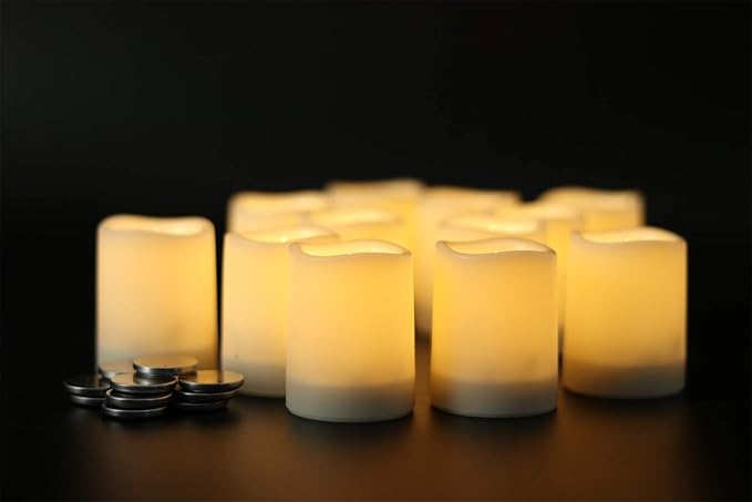 GenSwin Waterproof Outdoor Flameless Candles Flickering with Timer, Battery Operated LED Pillar Votive Tealight Candles(Battery Include), Set of 12 Plastic Warm Light(White, 1.5 x 2 Inch)