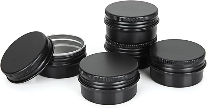 Acrux7 50 Pack 1oz Black Tins with Lids, 30 ml Aluminum Screw Top Tin Containers, Round Lip Balm Tins, Small Metal Storage Travel Tin Cans for Salves, Candles, Cream, Cosmetics, Spices (Black)
