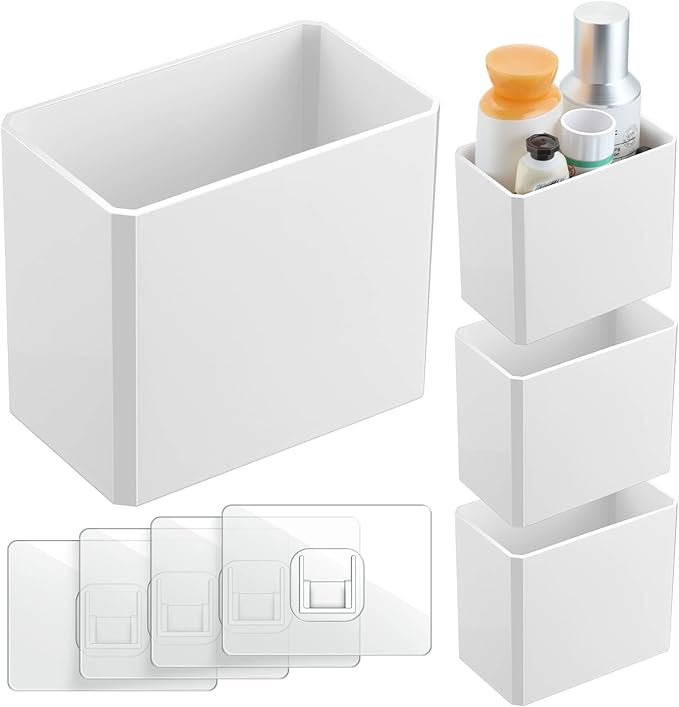 Suclain 4 Pcs Wall Mounted Organizer Non-Drilling Adhesive Floating Shelf White Wall Bin Organizer Hanging Storage Containers for Bedroom Bathroom Kitchen Office