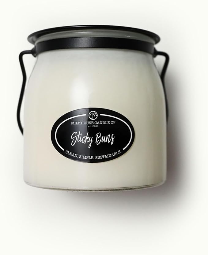 Milkhouse Candle Company Sticky Buns Soy Candle - Cinnamon | Buttery Dough | Vanilla Sugar Scented - 16 oz Butter Jar with Lid, 65+ Hour Burn Time, Made in the USA
