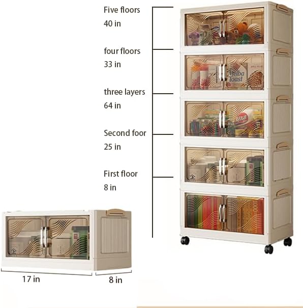 5 Tier Stackable Plastic Storage Bins with Lids Stackable Containers with Wheels and Magnetic Doors Wheels StackableStorage Bins for Living Room,Office,Dorm
