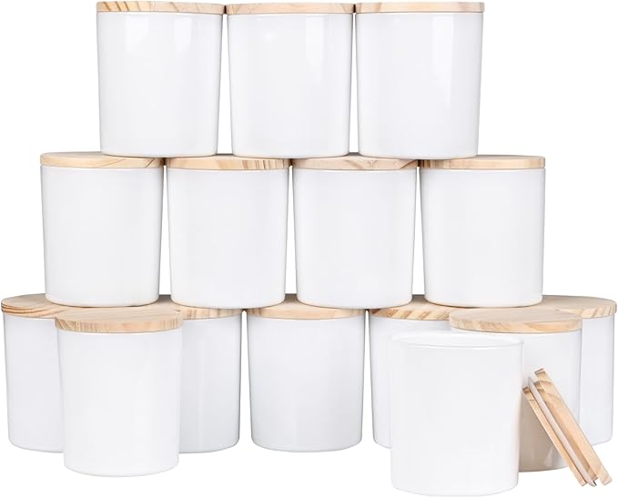 10 OZ Thick Candle Jars for Making Candles 15 Pcs, Empty Jars with Wood Lids for Candle Making, Sample Container, Glossy White