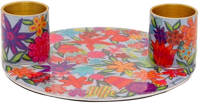 Yair Emanuel Flat Plate Candle Holders for Shabbat 4 Inch Vibrant Pattern Design Modern Judaica Gift (CSE-2 Flowers)
