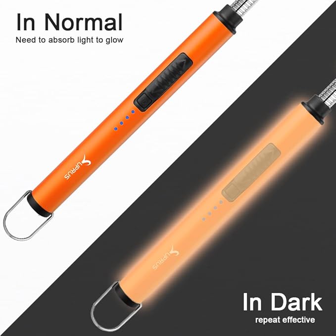 SUPRUS Fluorescent Lighter Glows in The Dark 360°Flexible Neck USB Rechargeable Windproof Triple Safety for Candle Cooking BBQ in Party (Orange)