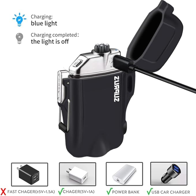 SUPRUS Waterproof 3 Modes of Flashlight Windproof Lighter Dual Arc Electric Rechargeable Dual Arc Plasma Lighters with Survival Emergency Whistle and Lanyard (Black,2 Packs)