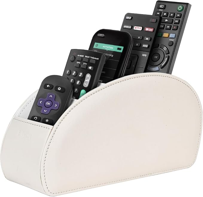 SITHON Remote Control Holder with 5 Compartments - PU Leather Remote Caddy Desktop Organizer Store TV, DVD, Blu-Ray, Media Player, Heater Controllers, Beige