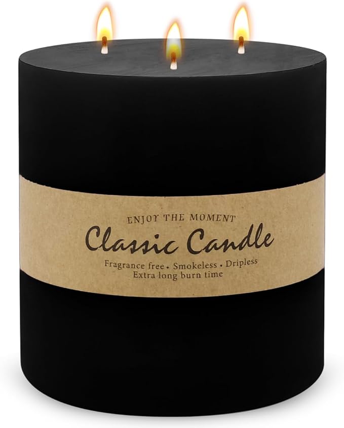 Large 3-Wick Black Pillar Candle - 6x6 Inch Dripless & Smokeless Unscented Fat Candle, 120 Hour Long Burning Hand-Made Thick Candle