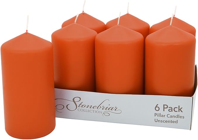 Stonebriar Unscented Pillar Candles – 65 Hour Burn Time, Long-Lasting Wax Candles for Weddings, Holidays, Home Décor & Special Events, Pack of 6, Orange, 3" x 6"