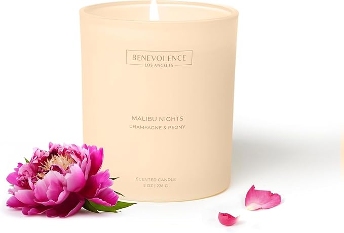 Champagne & Peony – Benevolence LA Scented Candle | 8oz, 45-Hour Burn | Natural Soy Wax, Cotton Wick | Romantic & Elegant Home Fragrance | Malibu Sands Collection – Gift for Women & Men