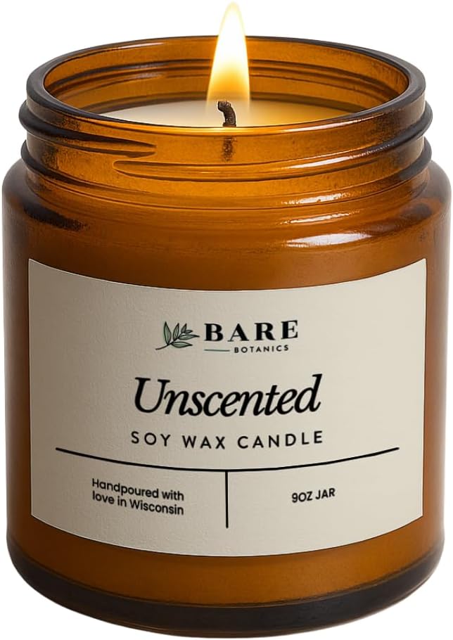 Bare Botanics Unscented 9oz Soy Candle - 100% Plant-Based Fragrance Oils - Premium, Non-Toxic Candle - Softly Scented Natural Soy Wax - Handpoured in WI - 40 Hrs Long Burning & Ready to Gift
