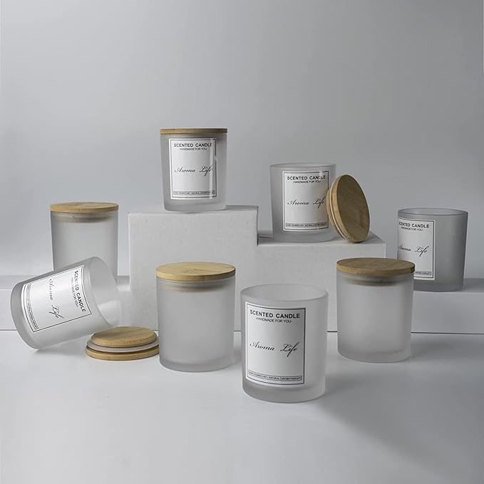 Creahaus 10oz, 16 Pack Thick Candle Jars with Bamboo Lids for Making Candles, Bulk Frosted Empty Glass Candle Containers & Sticky Labels, Warming Labels Kit, Heat Resistant Candle Vessels