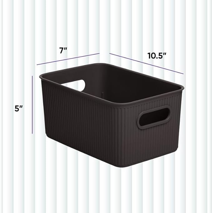 Superio Ribbed Collection - Decorative Plastic Basket Open Home Storage Bins Organizer, Medium Brown (4 Pack) Container Boxes for Organizing Closet Storage Bins for Shelves Drawer Shelf 5 Liter