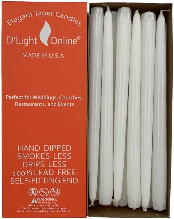 D'light Online White Taper Candles, 10 Inch Premium Quality Candles Hand-Dipped Tapered Candles, Dripless, Smokeless and Unwrapped Bulk Pack for Events - Set of 12 (10 Inch, White)
