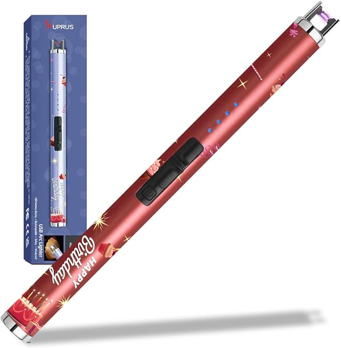 SUPRUS Candle Arc USB Lighter Electric Lighter with Upgraded LED Battery Display Safety Switch Rechargeable Flameless Plasma Windproof Portable for Birthday (Birthday Red)