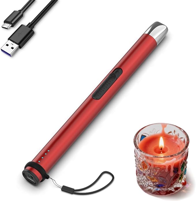 Candle Lighter, Electric Rechargeable USB Arc Windproof Flameless Plasma Lighter Long Stick with Rope and Ring, No Butane Fluid, Perfect for Candle BBQ Camping Kitchen Stove, Red