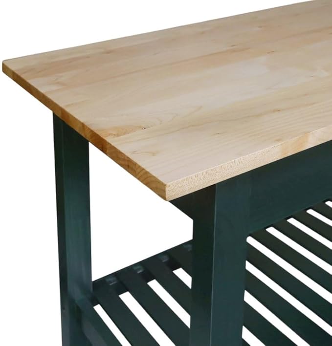 Furnifact Solid Wood Kitchen Island with Drawer, 2 Open Shelves, Hunter Green Base and Natural Top, Island Table for Kitchen Storage and Food Prep