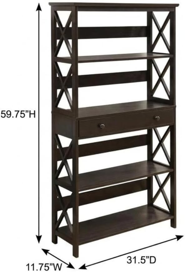 Furnifact Espresso 5-Tier Bookcase with Drawer, Durable Particle Board and Non-Lead Base Paint, Stylish Storage Solution for Home or Office, Modern Design