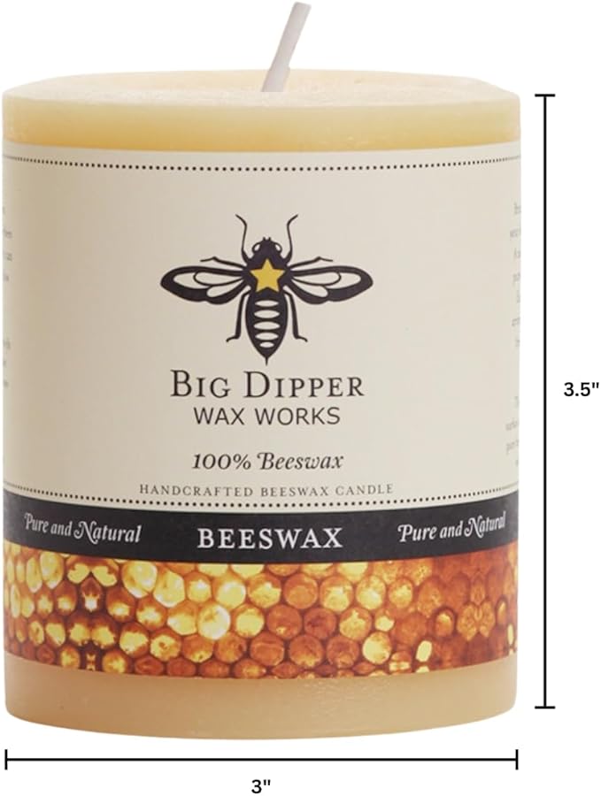 Big Dipper Wax Works 100% Pure Beeswax Pillar Candles (1 Pack) – 3" x 3.5" Handmade in USA, Long Burning Clean Soot-Free, Natural Honey Aroma, Eco-Friendly Cotton Wick, Home Décor & Meditation