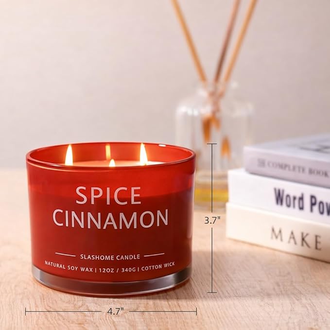 Spiced Cinnamon Scented Candle, Luxury Large 3 Wick Soy Candle 12 Oz, 60+ Hour Long Lasting Clean Burn, Elegant Aromatherapy Home Decor, Housewarming & Birthday Gift for Men & Women