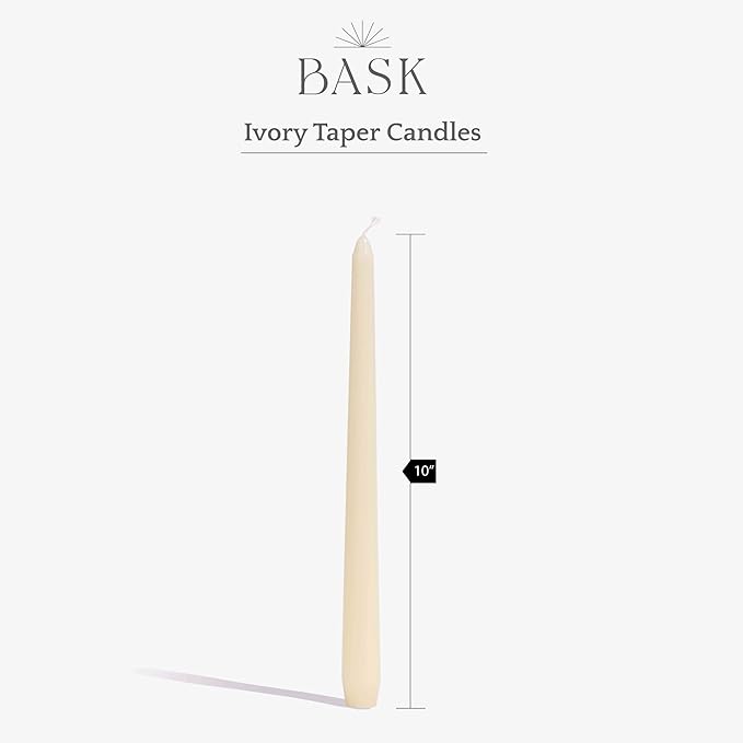 Bask 10-inch Taper Candles - Unscented and Dripless - Burns for 8 Hours - Home Decor for Dinner Table, Kitchen, and Bedroom - Perfect for a Romantic Date or Anniversary - 30-Pack - Ivory