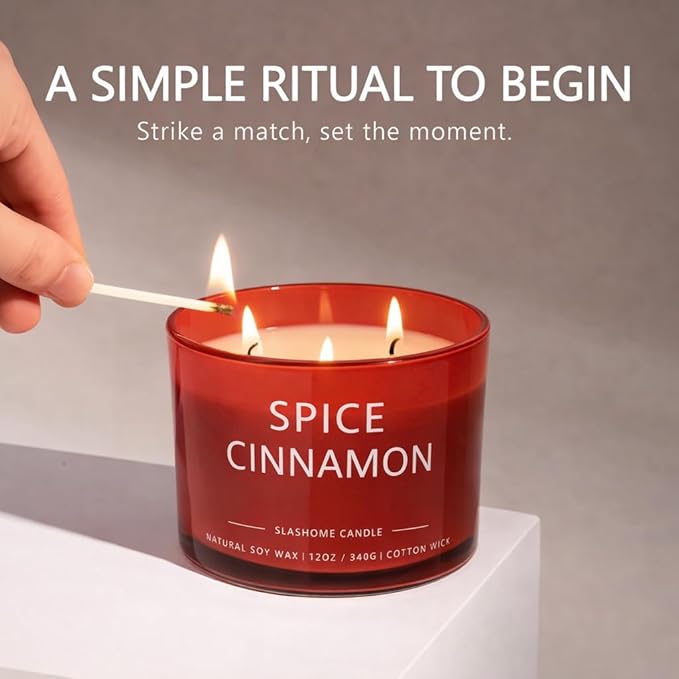 Spiced Cinnamon Scented Candle, Luxury Large 3 Wick Soy Candle 12 Oz, 60+ Hour Long Lasting Clean Burn, Elegant Aromatherapy Home Decor, Housewarming & Birthday Gift for Men & Women