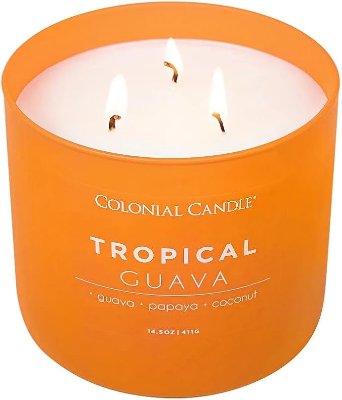 Colonial Candle Tropical Guava Scented Jar Candle, Pop of Color Collection, 3 Wick, 14.5 oz - Up to 60 Hours Burn