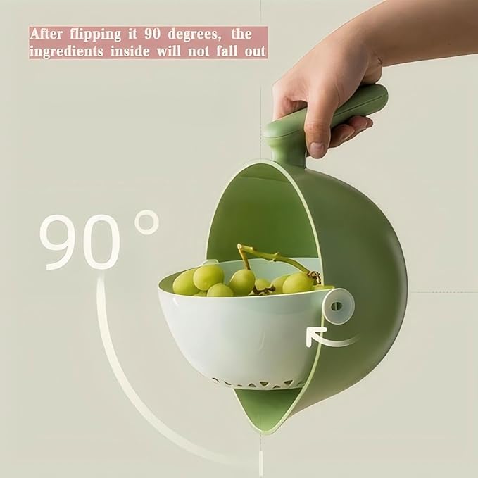 2-1 Kitchen Colander Rotating Washing Basket with Handle - Pasta Strainer - Fruit Washing Bowl with Strainer - Fruit Rinser Container (Avocado Green)