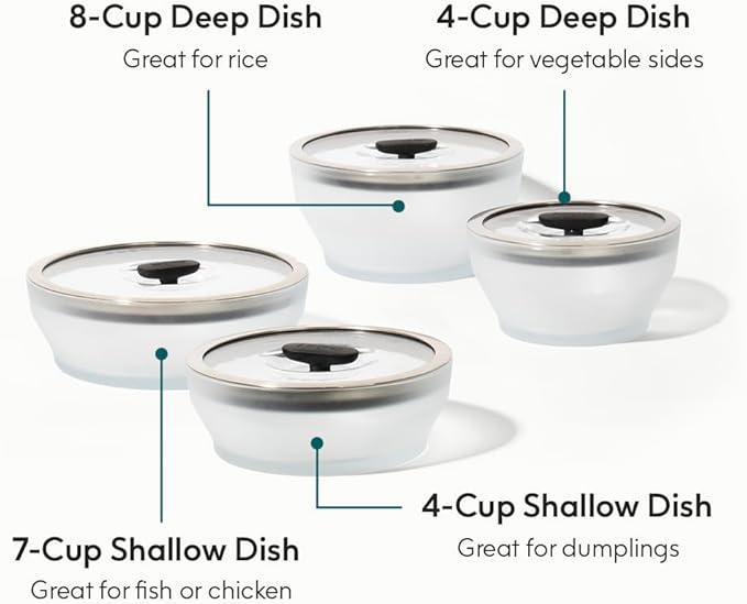 Anyday 8-Pc Microwave Cookware & Glass Food Storage Set with Glass Lids | Plastic-Free Containers | Stackable Airtight Steamer with Vented Lid for Microwave-Safe Reheating & Steaming Vegetables, Rice