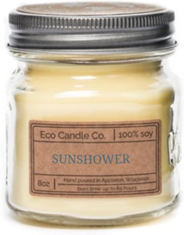 ECO CANDLE CO. Mason Jar Candle, Sunshower, 8 oz. - Scents of Citrus & Musk - 100% Soy Wax, No Lead, Kraft Label & Antiqued Pewter Lid, Hand Poured, Midwest Grown Soybeans