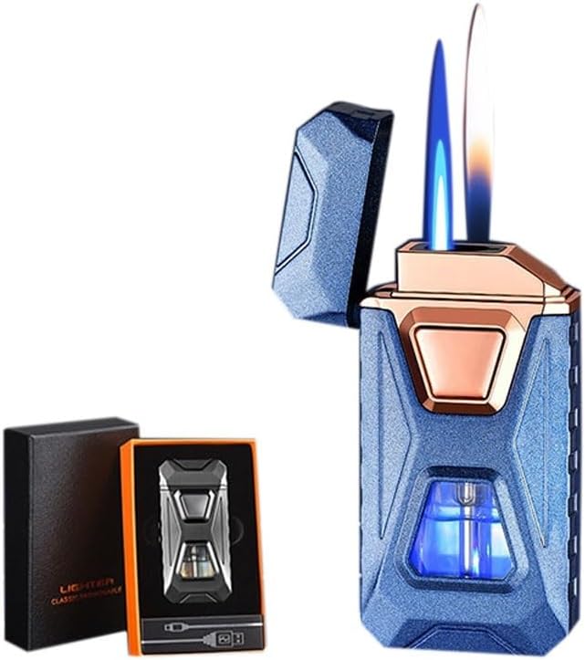 Voice Activated Windproof Dual Flame Lighter, USB Rechargeable Arc Lighter,Jet Flame and Soft Flame, Visible Transparent Window, Refillable Butane Lighter, Cool Lighters Gift for Men(Blue)