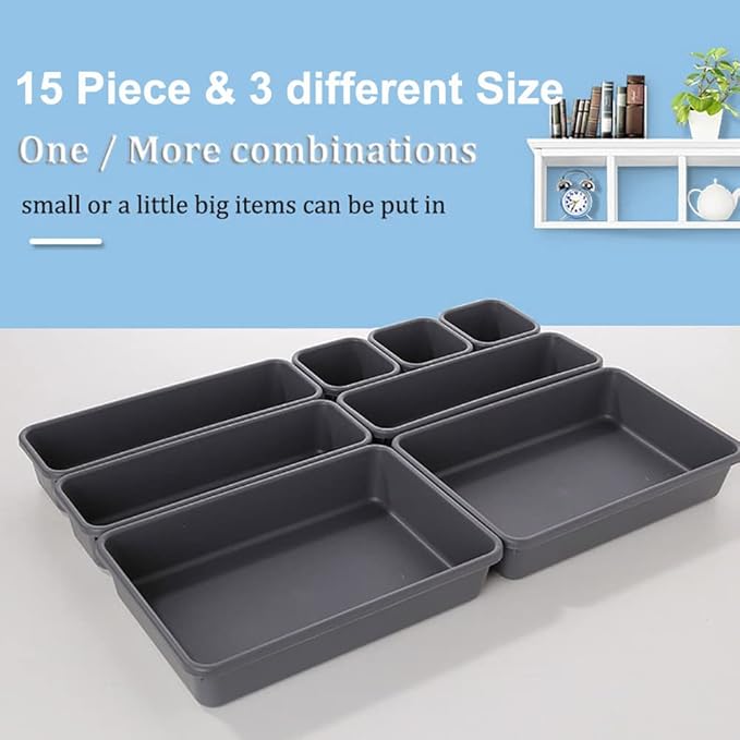Kutesna 15 PCS Interlocking Desk Drawer Organizer Separator for Office,Bathroom,Kitchen,Makeup（Black）