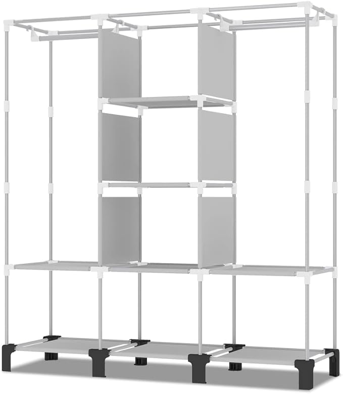 Portable Wardrobe, Easy Hanging Closet 6 Side Pockets Large Capacity Clothes Organizer Comes with 2 Hanging Poles and Storage Shelves, Width 130cm, Depth 45cm, Height 172cm (Coffee)