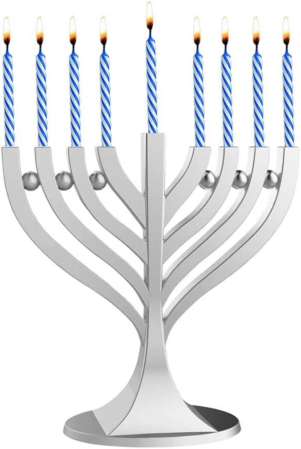 Zion Judaica Mini Classic Menorah with Mini Birthday Size Hanukkah Candles - Satin Silver Small Travel Minorah with 44 Blue and White Spiral Chanukah Candles - On The Go Hanukkiah Cute Hanukkah Gift