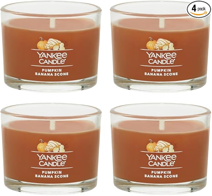 Yankee Candle Signature Votive Mini Candle Jar, Pumpkin Banana Scone Scent, Natural Soy Wax Blend Candle with Natural Fiber Wick, 1.3 OZ Glass Jar (Pack of 4)