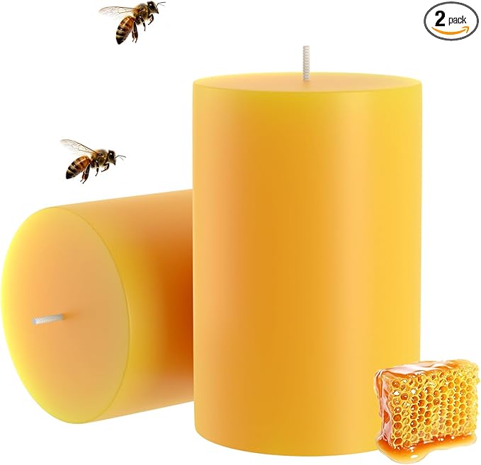 100% Pure Natural Beeswax Pillar Candles-40 Hours Long Burning Time Emergency Beeswax Candles | Organic Bees Wax for Home, Prayer, Christmas, Party | Unscented, Smokeless, Dripless 2 Pack (2×3 inch)