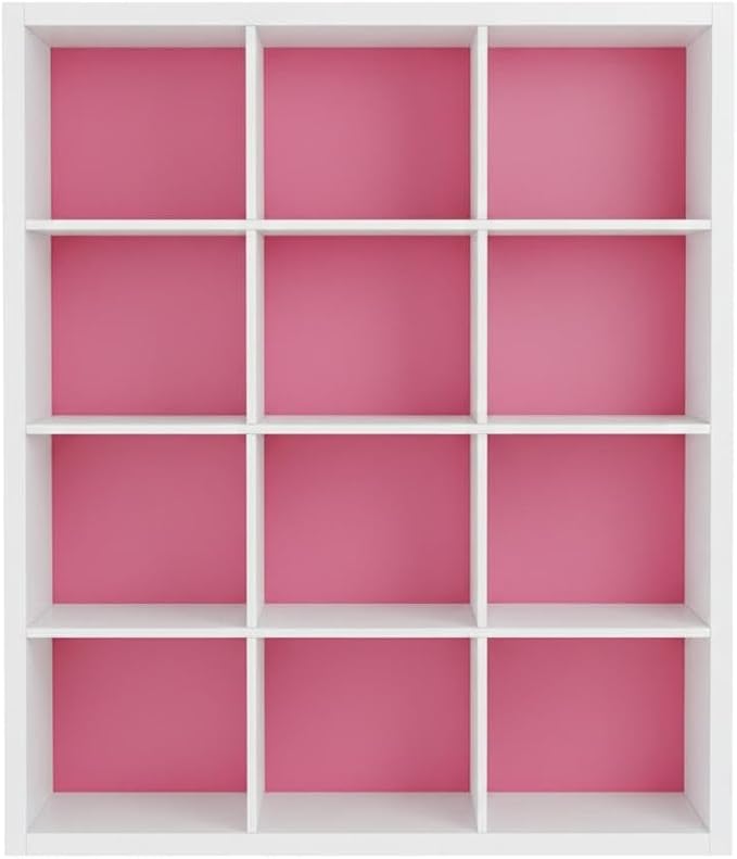 Furnifact White Pink 11-Cube Reversible Open Shelf Bookcase, Multi-Functional Storage Solution, Durable Wood Construction, Modern Design