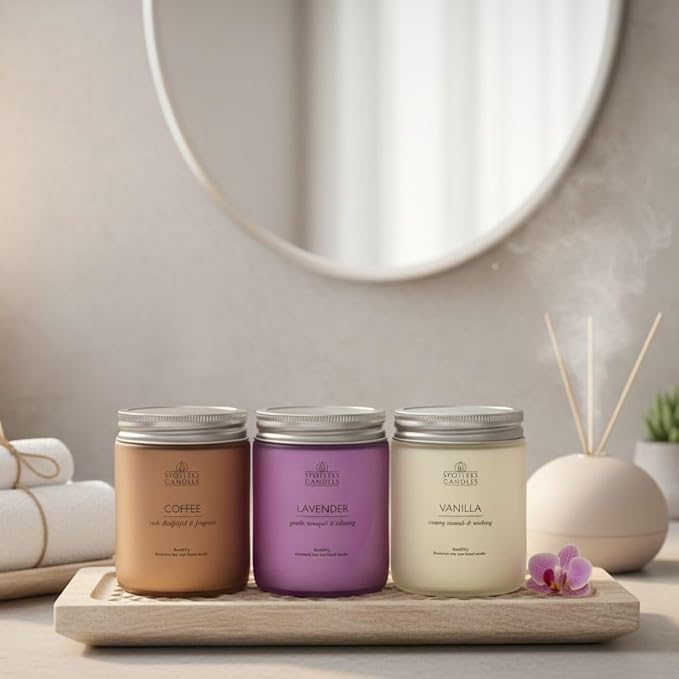 Aromatic Candles Three Pack - 3 x 8 oz Cotton Wick Candles Coloured Fosted Jars - Vanilla, Lavender and Coffee, Classic Candle Set for Men and Women by Spotless Leopard