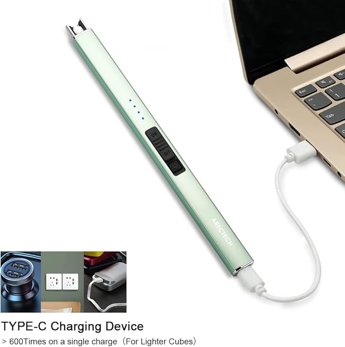 ARECTECH Electric Candle Lighter with Type-C Cable Birthday Gift for Man Women Wife Rechargeable Plasma Arc Lighters for Candle Camping Kitchen Stove Green