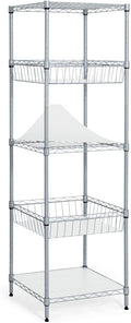 Fencer Wire NSF 5 Tier Wire Shelving Unit w/Baskets & Liner, Storage Rack Kitchen, Bathroom, Laundry Closet, Wire Shelving Basket Shelves, Storage Rack Corner Shelves, Silver Grey