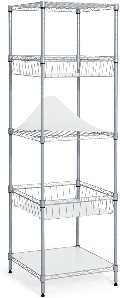 Fencer Wire NSF 5 Tier Wire Shelving Unit w/Baskets & Liner, Storage Rack Kitchen, Bathroom, Laundry Closet, Wire Shelving Basket Shelves, Storage Rack Corner Shelves, Silver Grey