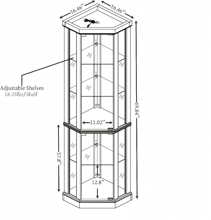 Corner Lighted Glass Curio Cabinet for Living Room Space Saving Vertical Tall Display Case with Light for Antique Wine Bar Glass Storage (Cherry)