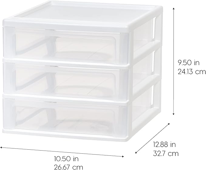 IRIS USA Medium 3-Drawer Stacking Desktop Organizer, 1 Pack, Plastic Drawer Storage Container for Stationery Art Craft Supplies Kitchen Office Garage and Small Business Organization, White
