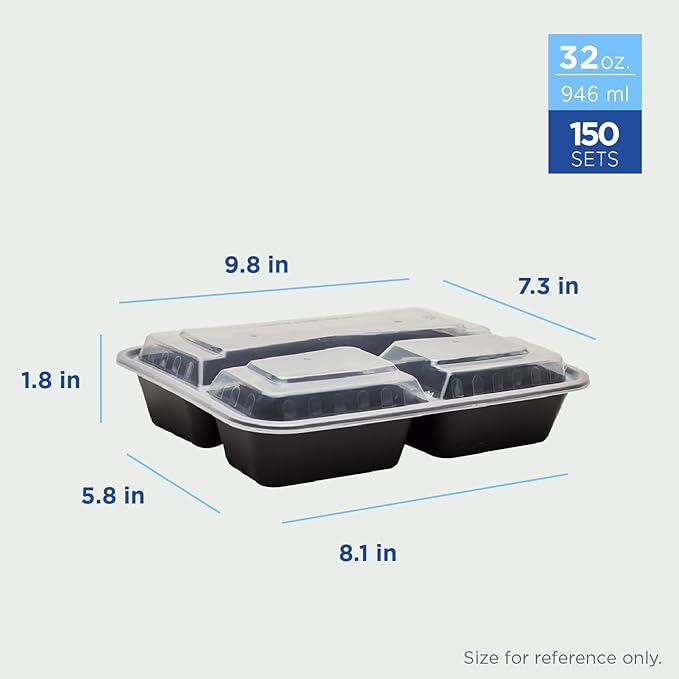 Karat Meal Prep Containers [32 oz - 150 ct] 3-Compartment, Reusable & Disposable Take Out Containers with Lids - Microwave & Dishwasher Safe Bento Boxes