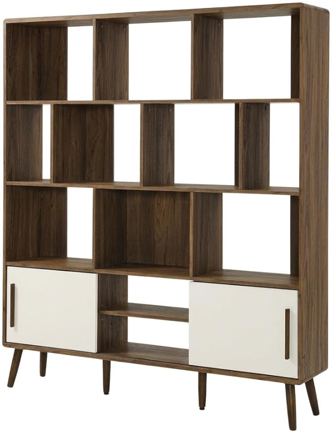 Furnifact Walnut Linen Bookcase with Sliding Doors, 59-Inch Tall Storage Cabinet, Modern Design, Durable Construction, Stylish Home and Office Organization
