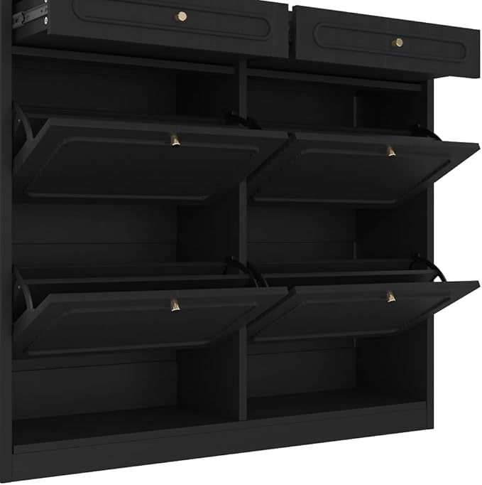 Wooden Shoe Cabinet with 4 Flip Drawers 2 Storage Drawers Farmhouse Style Shoe Organizer for Classified Storage Black (Black)