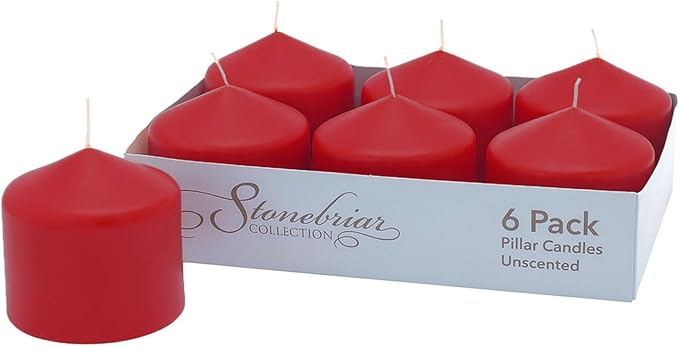 Stonebriar Unscented Pillar Candles – 18 Hour Burn Time, Long-Lasting Wax Candles for Weddings, Holidays, Home Décor & Special Events, Pack of 6, Red, 3" x 3"