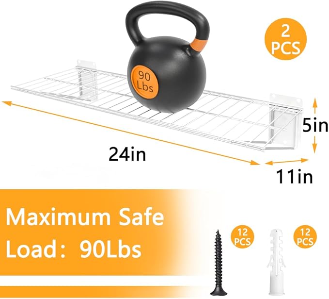 Wall Shelf 24'' x 11'' Garage Wall Mounted Storage Shelves, Heavy Duty Metal Wire Shelving Storage Rack for Garage, Office, Basement and Kithcen, Max Load 90lb, 2-Pack (White)