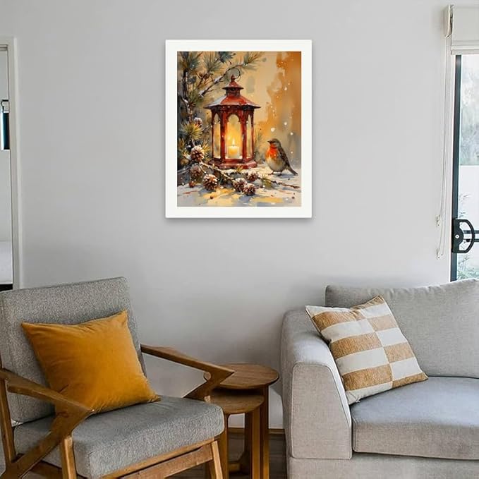Still Life Paint by Numbers Kit for Adults - DIY Lantern Candle with Robin Bird Pinecones and Winter Branches Painting on Canvas 16x20 Inches, Frameless Acrylic Paint Set, Suitable for Beginners